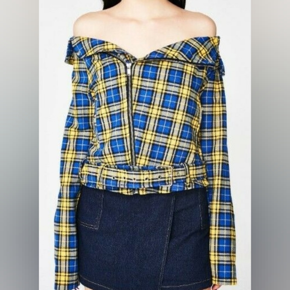 NWOT Dolls Kill Punk Blue Yellow Plaid Off Shoulder Asymmetrical Zip Jacket M